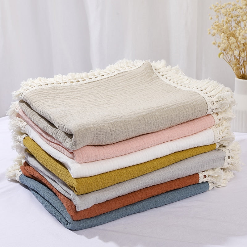 Cotton Muslin Swaddle Blankets for Newborn Baby Tassel