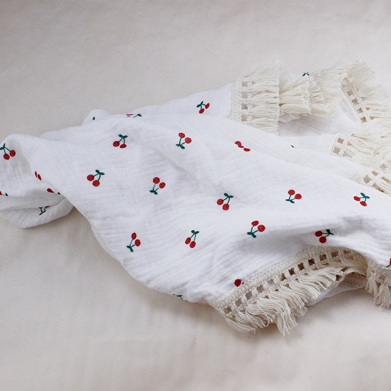 Cotton Muslin Swaddle Blankets for Newborn Baby Tassel