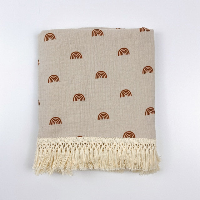 Cotton Muslin Swaddle Blankets for Newborn Baby Tassel