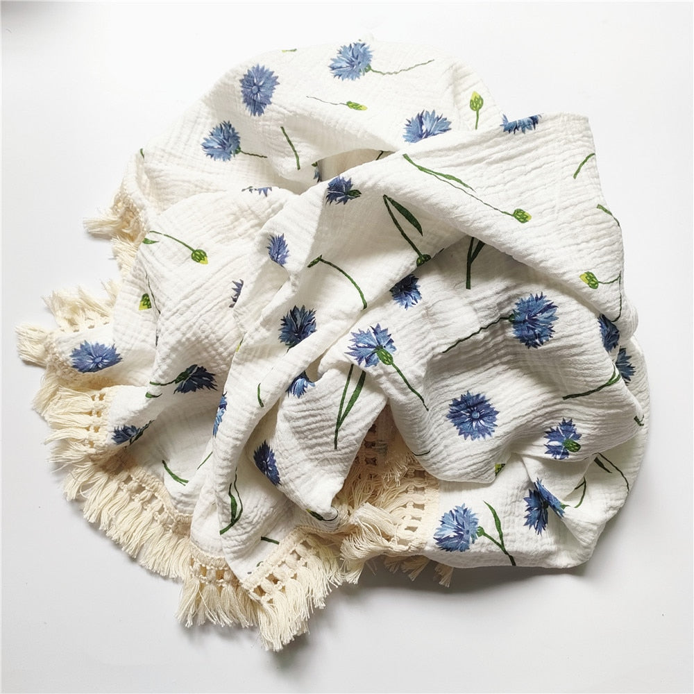 Cotton Muslin Swaddle Blankets for Newborn Baby Tassel