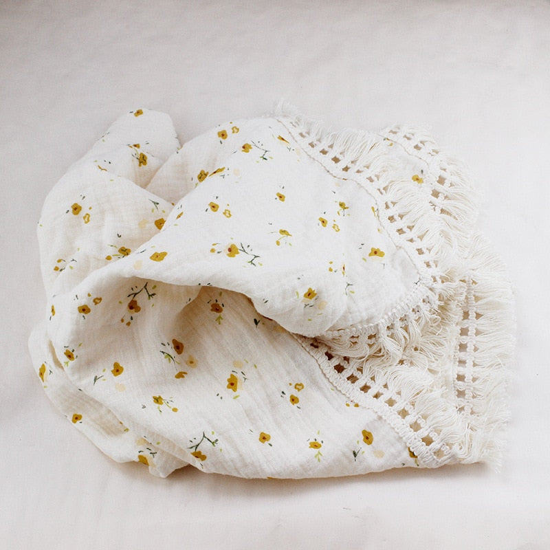 Cotton Muslin Swaddle Blankets for Newborn Baby Tassel