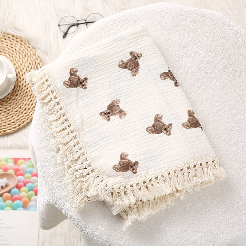 Cotton Muslin Swaddle Blankets for Newborn Baby Tassel