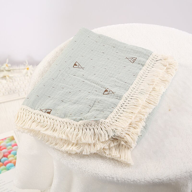 Cotton Muslin Swaddle Blankets for Newborn Baby Tassel