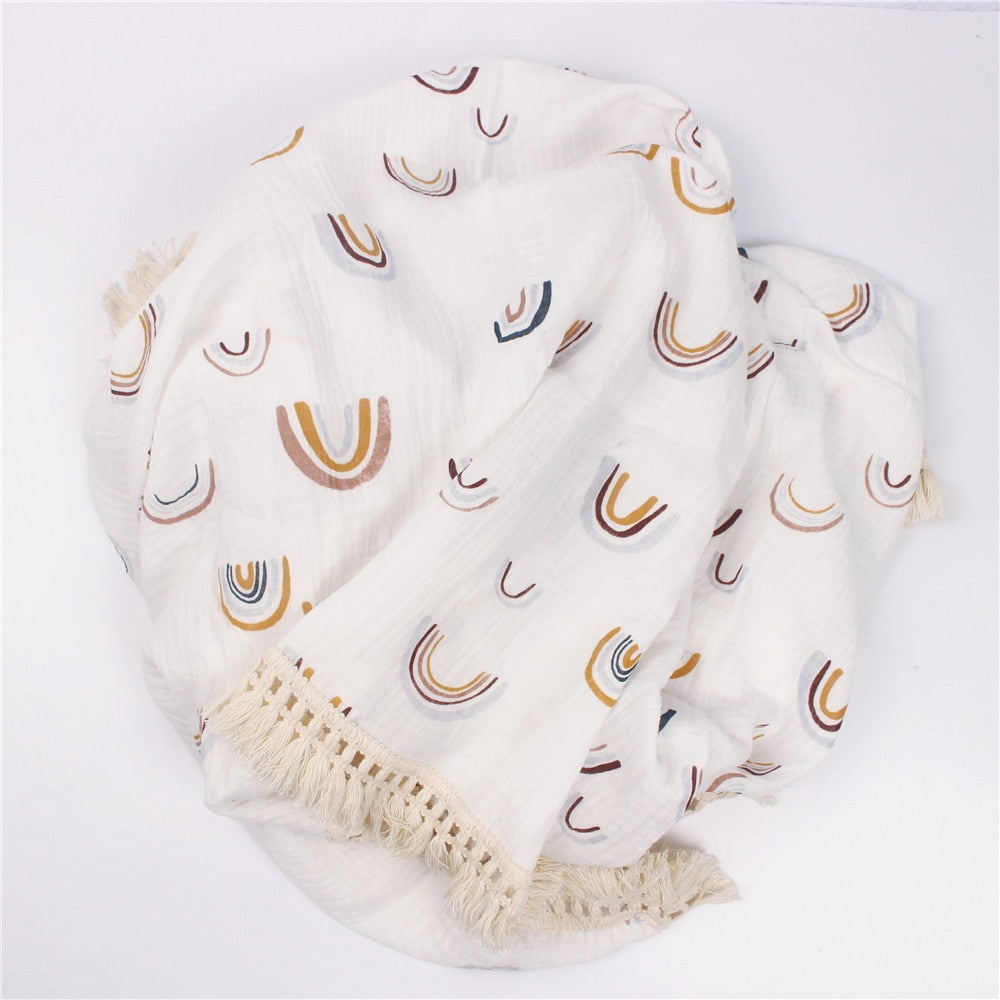 Cotton Muslin Swaddle Blankets for Newborn Baby Tassel