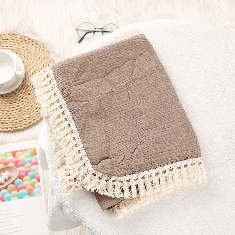 Cotton Muslin Swaddle Blankets for Newborn Baby Tassel