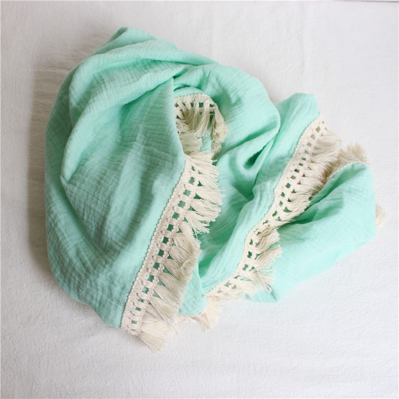 Cotton Muslin Swaddle Blankets for Newborn Baby Tassel