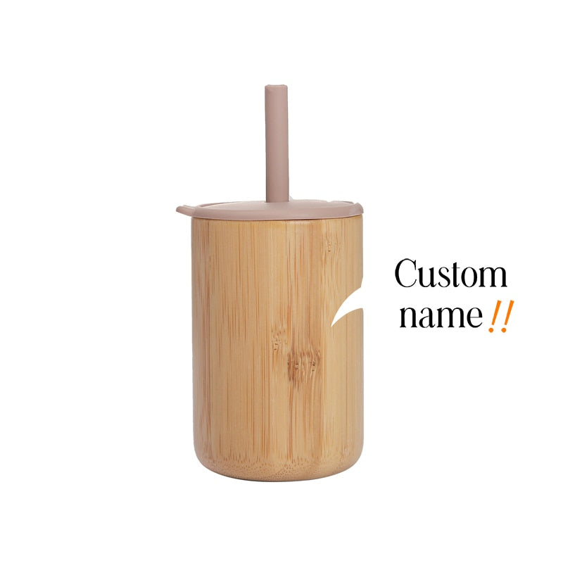 Custom Name Baby Bamboo Wooden Sippy Cup BPA-Free Silicone