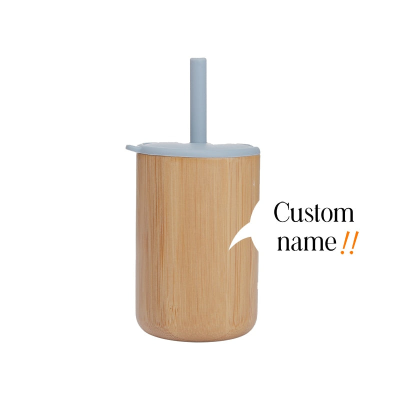 Custom Name Baby Bamboo Wooden Sippy Cup BPA-Free Silicone