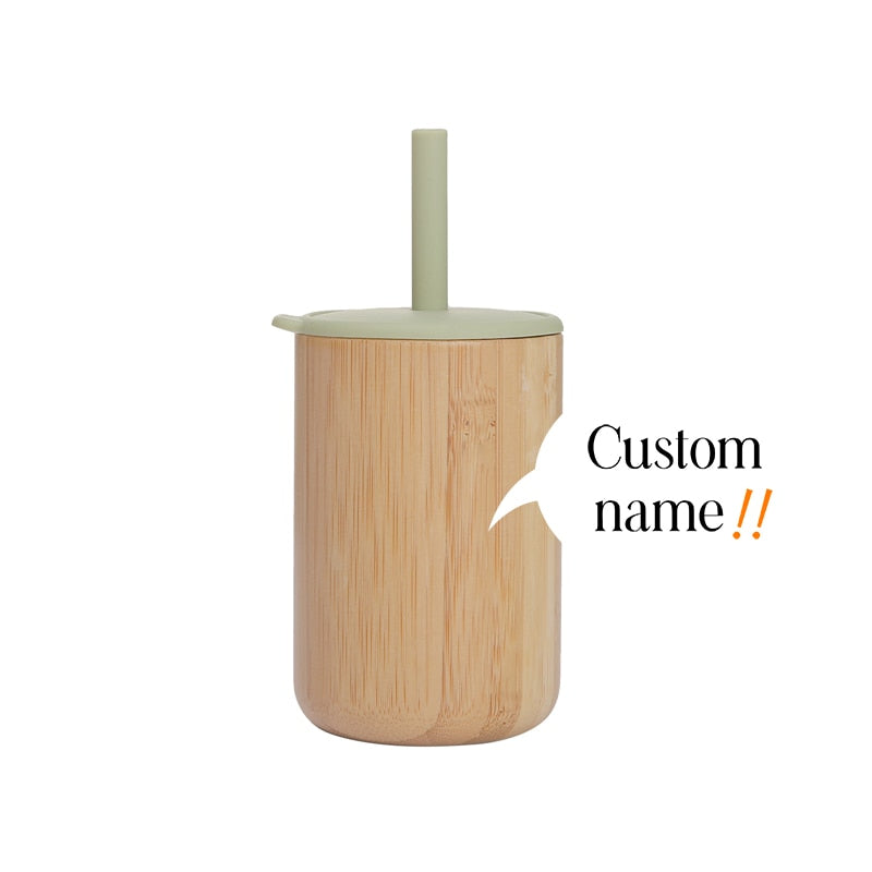 Custom Name Baby Bamboo Wooden Sippy Cup BPA-Free Silicone