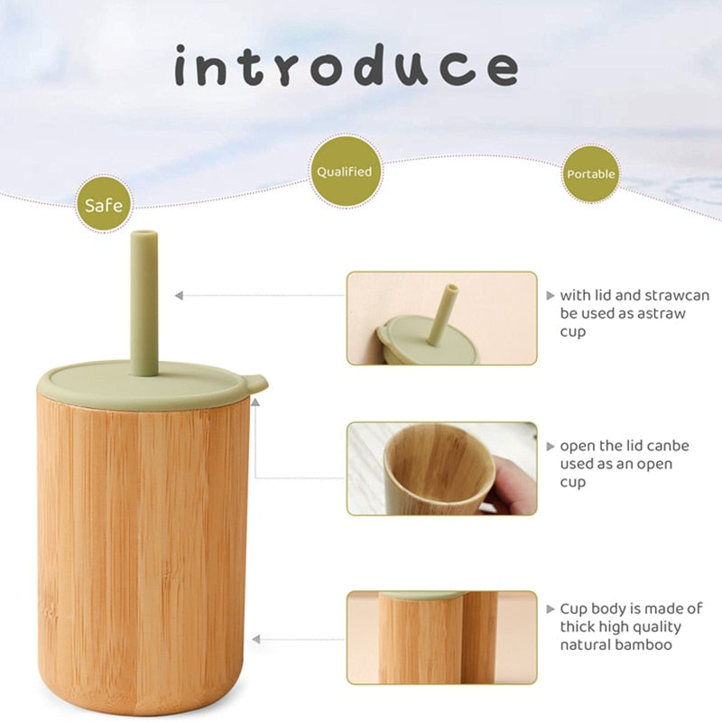 Custom Name Baby Bamboo Wooden Sippy Cup BPA-Free Silicone