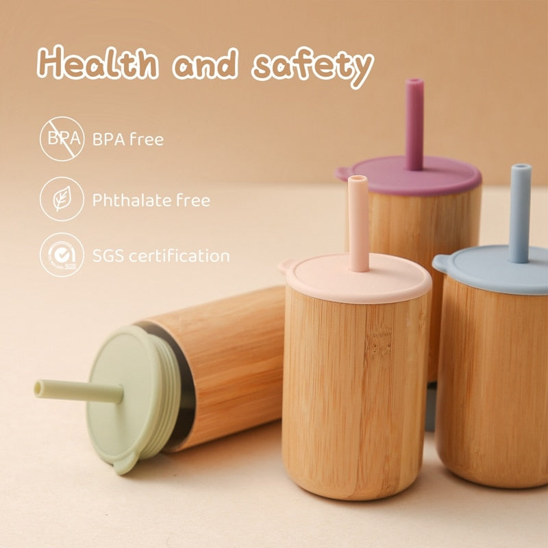 Custom Name Baby Bamboo Wooden Sippy Cup BPA-Free Silicone