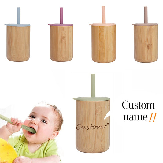 Custom Name Baby Bamboo Wooden Sippy Cup BPA-Free Silicone