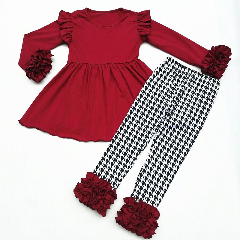 FALL/Winter girls outfits 2pieces Wine Red Solid top ruffle