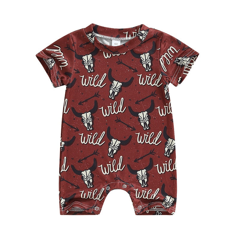 Infant Baby Western Cowboy Jumpsuits Cartoon Bull Head Print