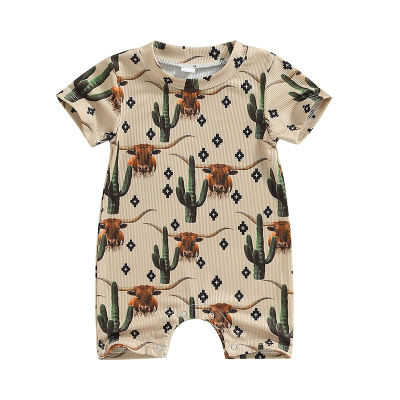 Infant Baby Western Cowboy Jumpsuits Cartoon Bull Head Print