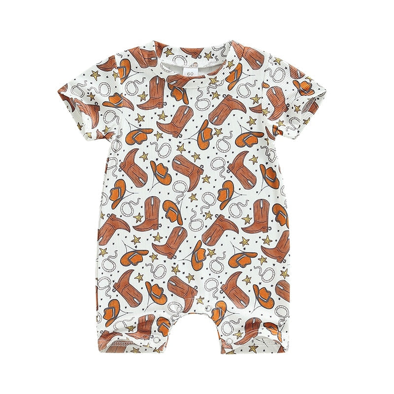 Infant Baby Western Cowboy Jumpsuits Cartoon Bull Head Print