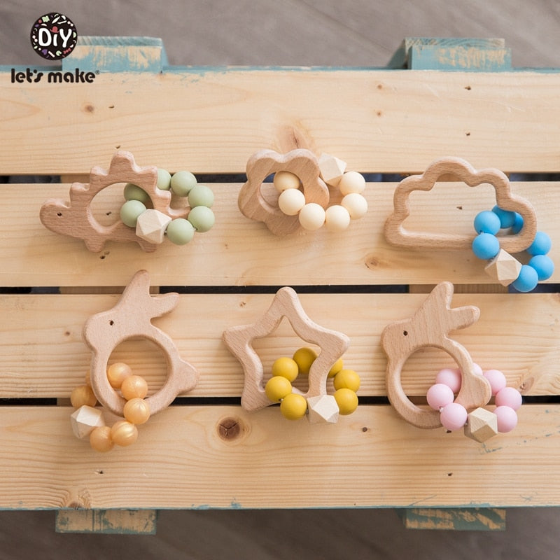 Make Wooden Rattle Teether Baby Toys Engraved Wood Beads