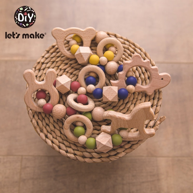 Make Wooden Rattle Teether Baby Toys Engraved Wood Beads