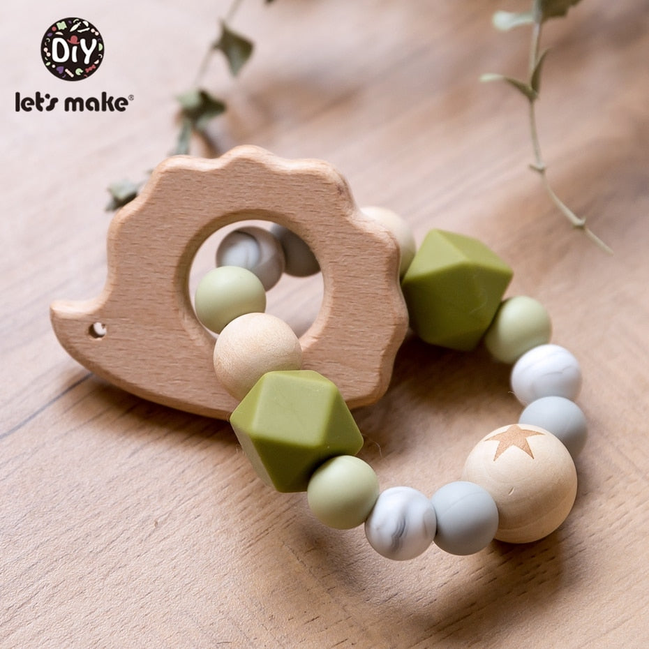 Make Wooden Rattle Teether Baby Toys Engraved Wood Beads