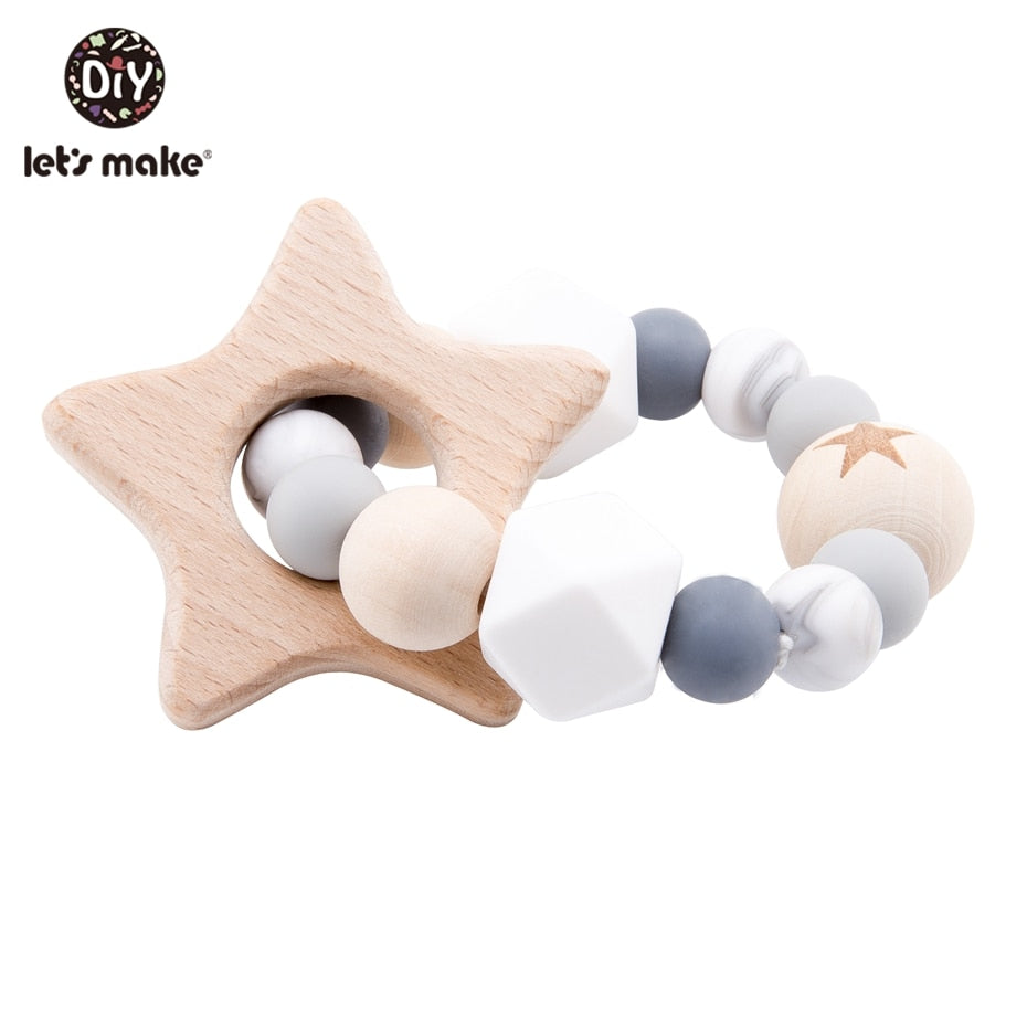 Make Wooden Rattle Teether Baby Toys Engraved Wood Beads