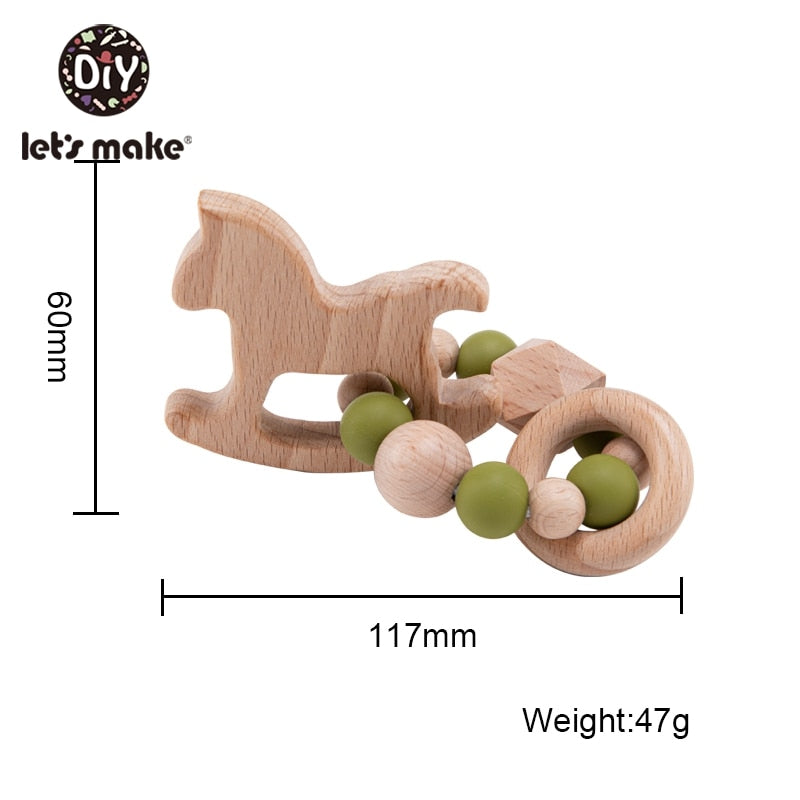 Make Wooden Rattle Teether Baby Toys Engraved Wood Beads