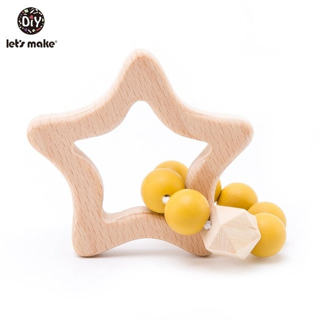 Make Wooden Rattle Teether Baby Toys Engraved Wood Beads