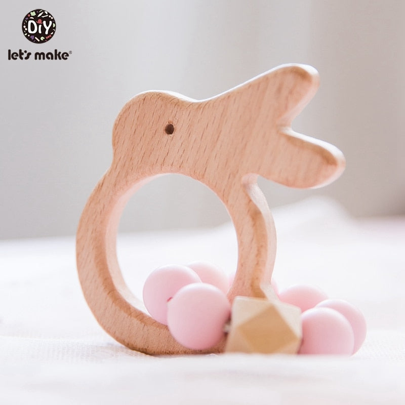 Make Wooden Rattle Teether Baby Toys Engraved Wood Beads