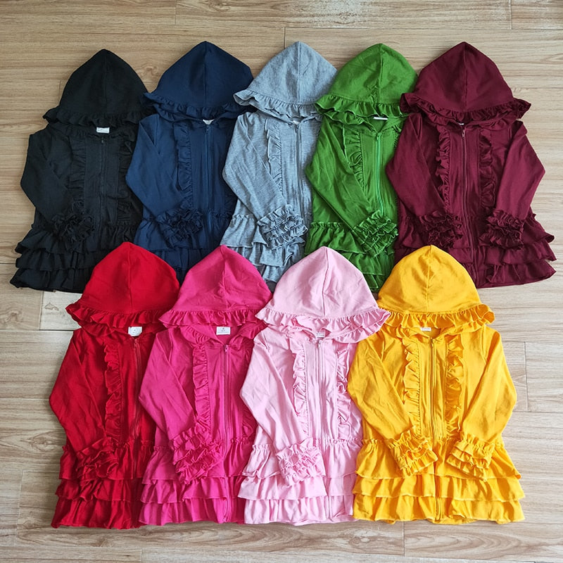 Ruffle Long Sleeve Hoodie Cotton Zipper Sweatshirt Children