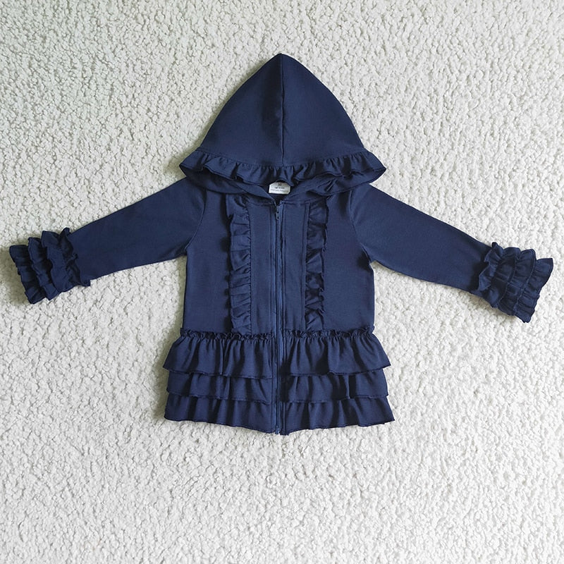 Ruffle Long Sleeve Hoodie Cotton Zipper Sweatshirt Children