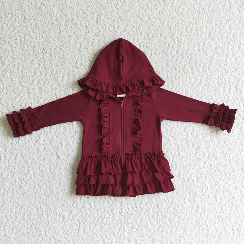 Ruffle Long Sleeve Hoodie Cotton Zipper Sweatshirt Children