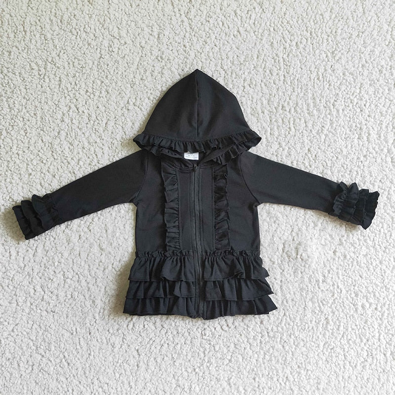 Ruffle Long Sleeve Hoodie Cotton Zipper Sweatshirt Children