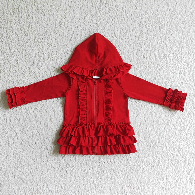 Ruffle Long Sleeve Hoodie Cotton Zipper Sweatshirt Children