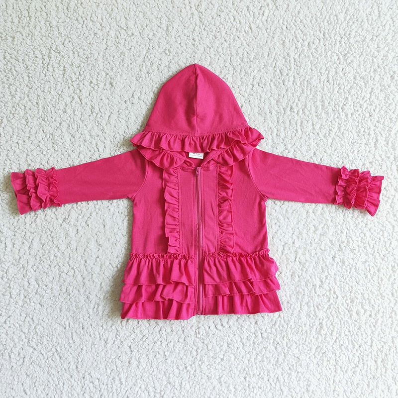 Ruffle Long Sleeve Hoodie Cotton Zipper Sweatshirt Children