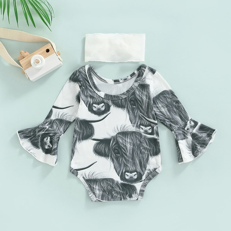 Spring Infant Baby Girls Cute Romper Cattle Print Flare Long